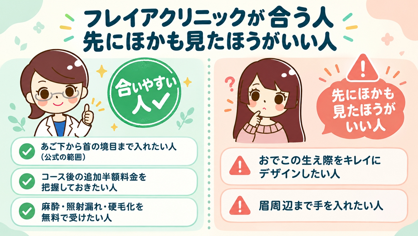 フレイアクリニックの顔脱毛が合う人・先にほかも見たほうがいい人