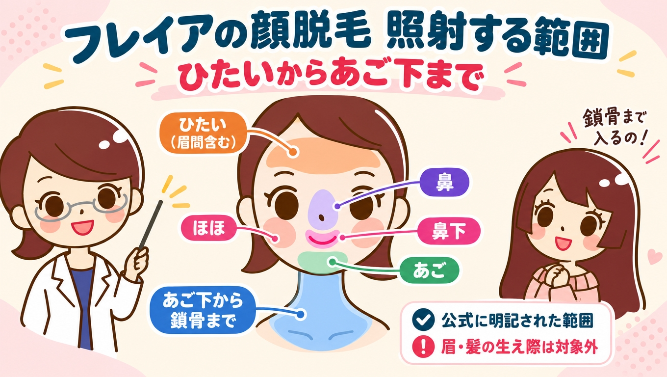 フレイアクリニックの顔脱毛で照射する範囲｜ひたいからあご下まで