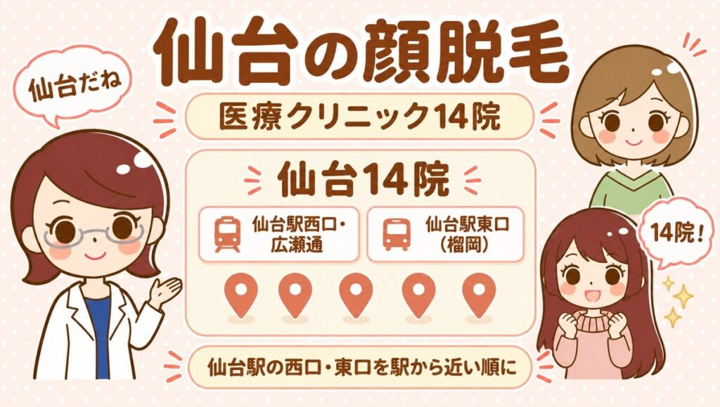 仙台の顔脱毛【医療】14院。すがお博士・のどか・まなみのイラスト