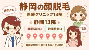 静岡の顔脱毛【医療】13院。すがお博士・のどか・まなみのイラスト