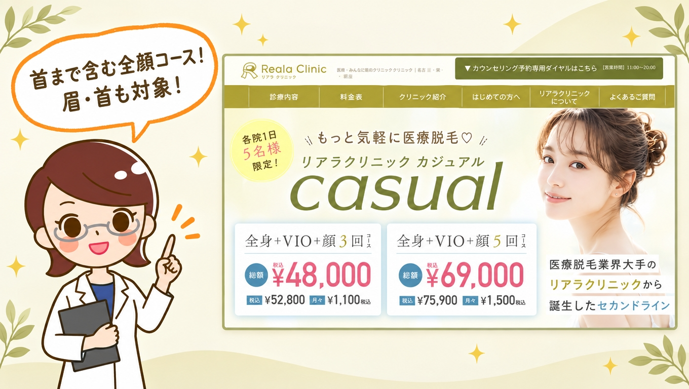 リアラクリニックの顔脱毛｜首まで入る全顔コースの料金・キャンセル規定・口コミを確認